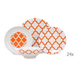 24dílný set bílého porcelánového nádobí s oranžovým vzorem Kütahya Porselen Grida