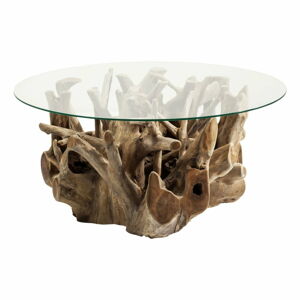 Skleněný odkládací stolek s podstavcem z teakového dřeva Kare Design Roots, Ø 100 cm