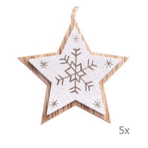 Sada 5 bílých dřevěných závěsných ozdob ve tvaru hvězdy Dakls, délka 7,5 cm