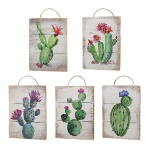 Sada 5 dřevěných závěsných dekorací s motivy kaktusů Unimasa