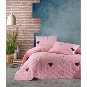 Růžový přehoz přes postel se 2 povlaky na polštář z ranforce bavlny Mijolnir Hati, 225 x 240 cm