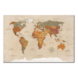 Nástěnka s mapou světa Bimago Beige Chic, 120 x 80 cm