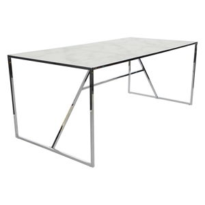 Bílý skleněný jídelní stůl s podnožím ve stříbrné barvě RGE Glass Marble Effect, délka 185 cm