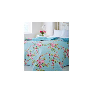 Světle modrý přehoz přes postel s motivem růží Catherine Lansfield Canterbury, 240 x 260 cm